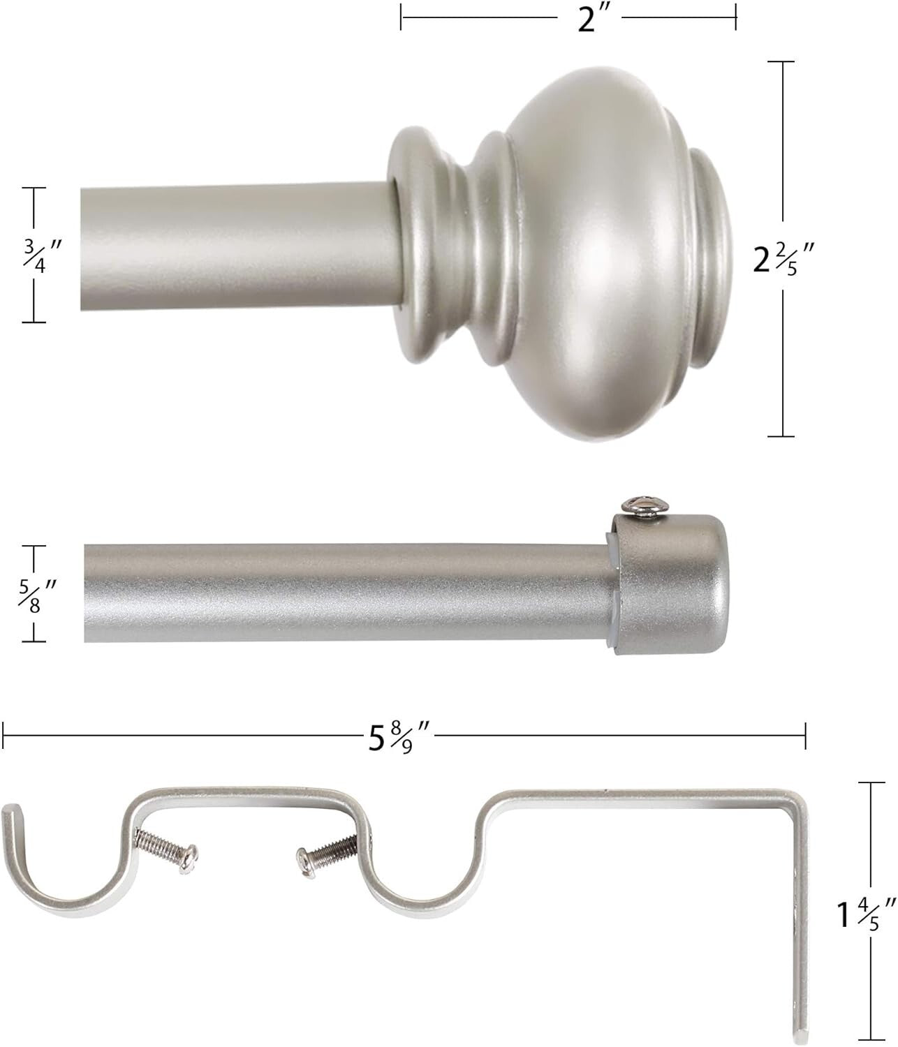 Contemporary Adjustable Curtain Rod Set, 48-84 Inches with Classic Finials