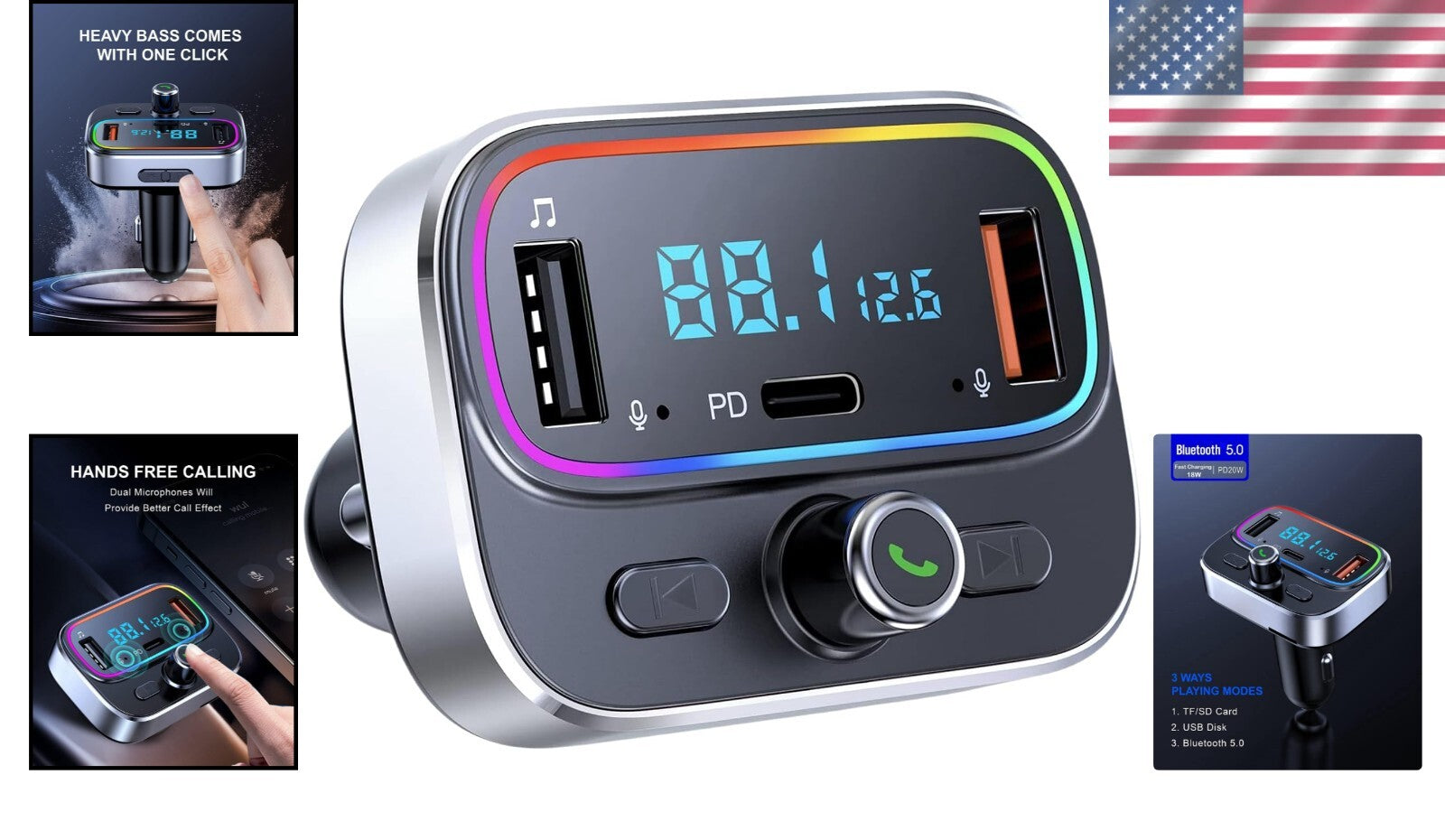 Bluetooth FM Transmitter with Dual Mics & Fast Charging - Hands-Free Car Kit
