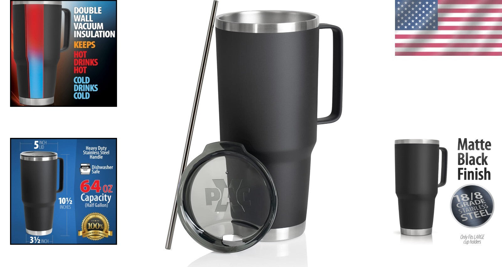 Double-Walled 64oz Insulated Tumbler with Lid & Straw - Travel Ready & Leakproof