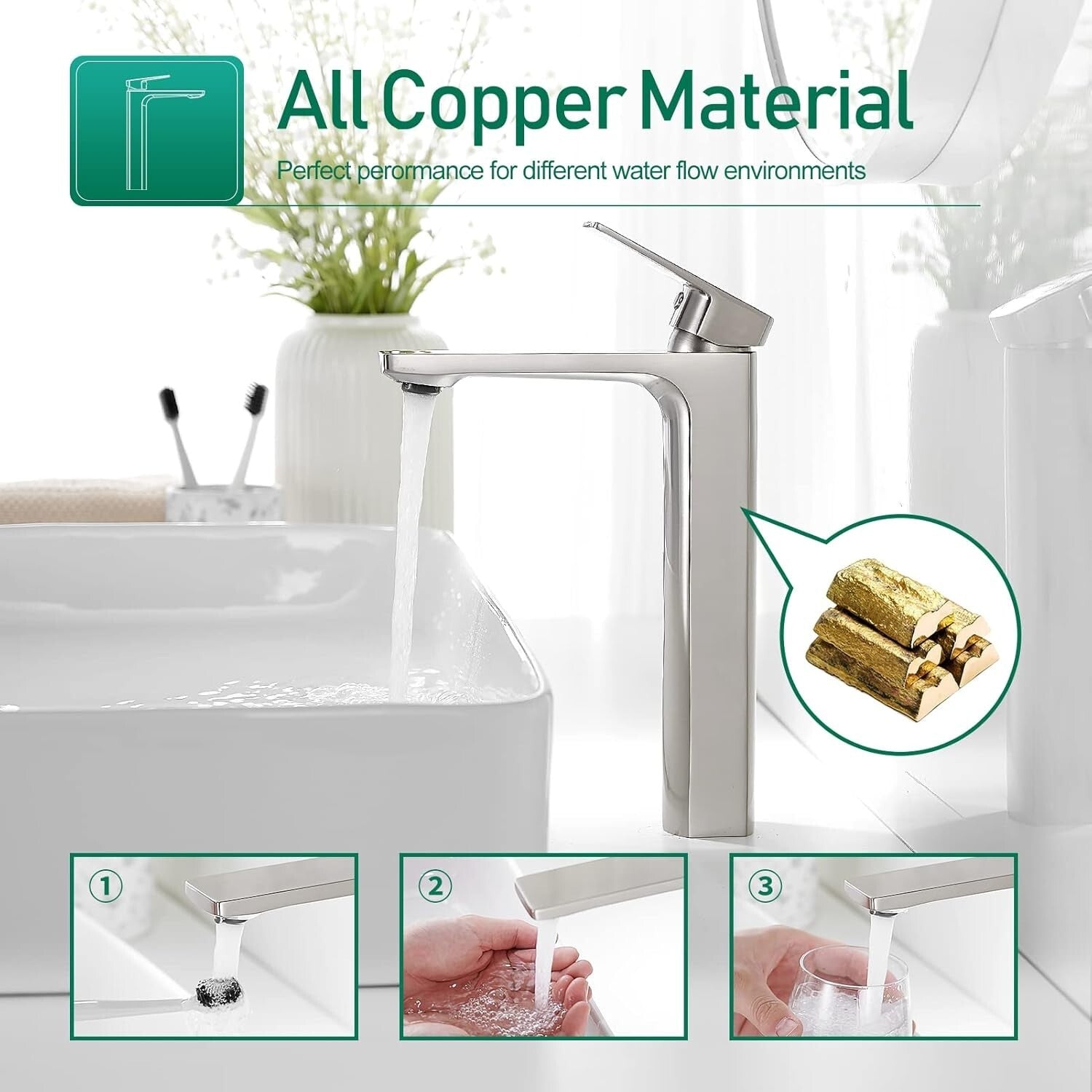 Tall Single Handle Brass Bathroom Faucet with Pop-Up Drain – Modern & Efficient