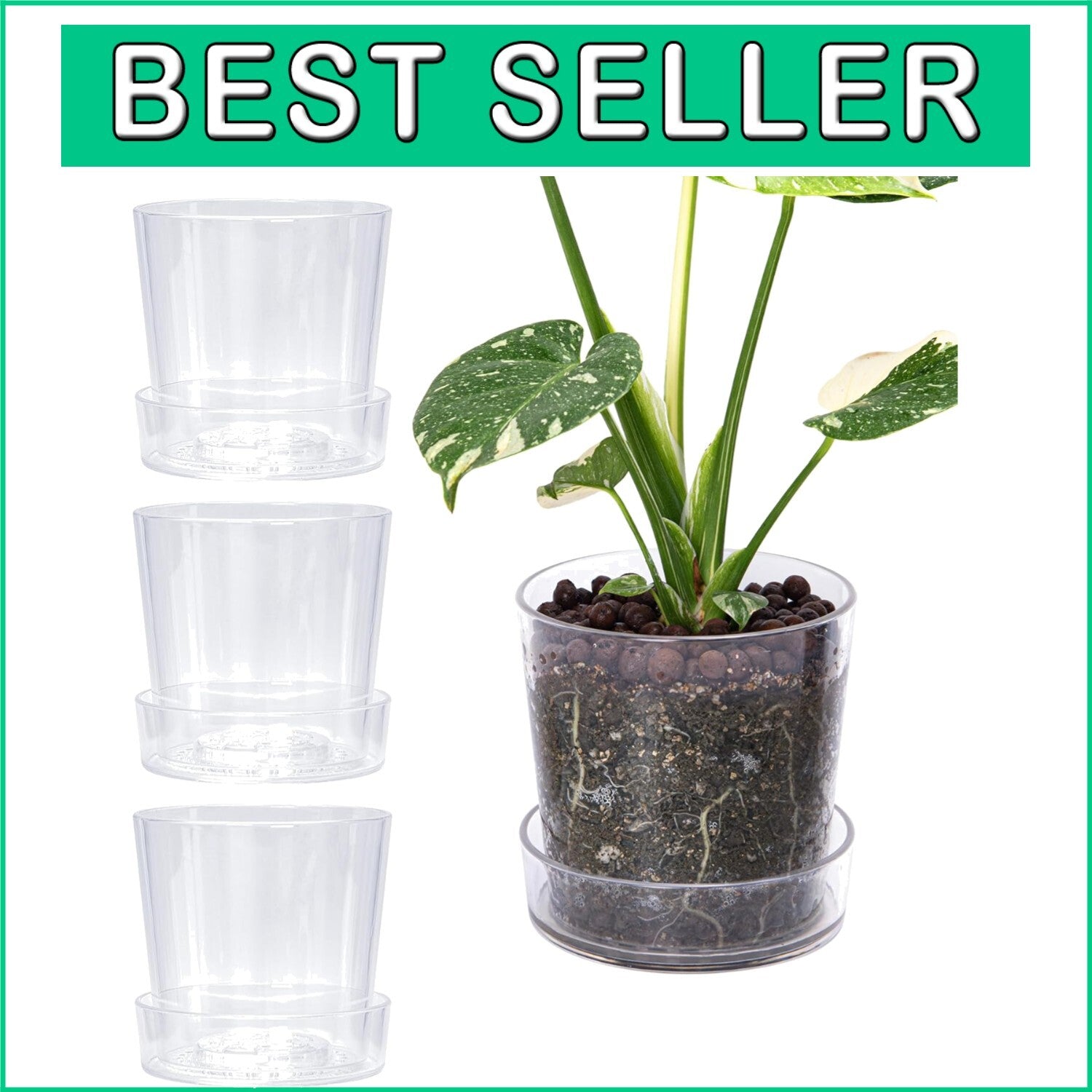 6.5 Inch Deep Saucer Acrylic Planters - Set of 4 with Drainage Holes for Orchids