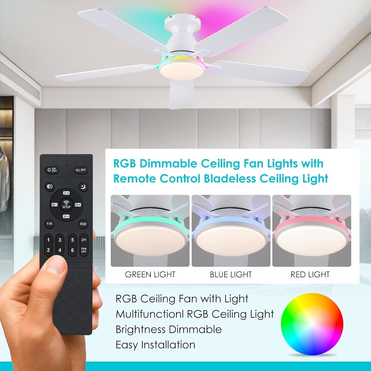 52" RGB Low Profile Ceiling Fan with LED Light & Remote Control - Sleek Design