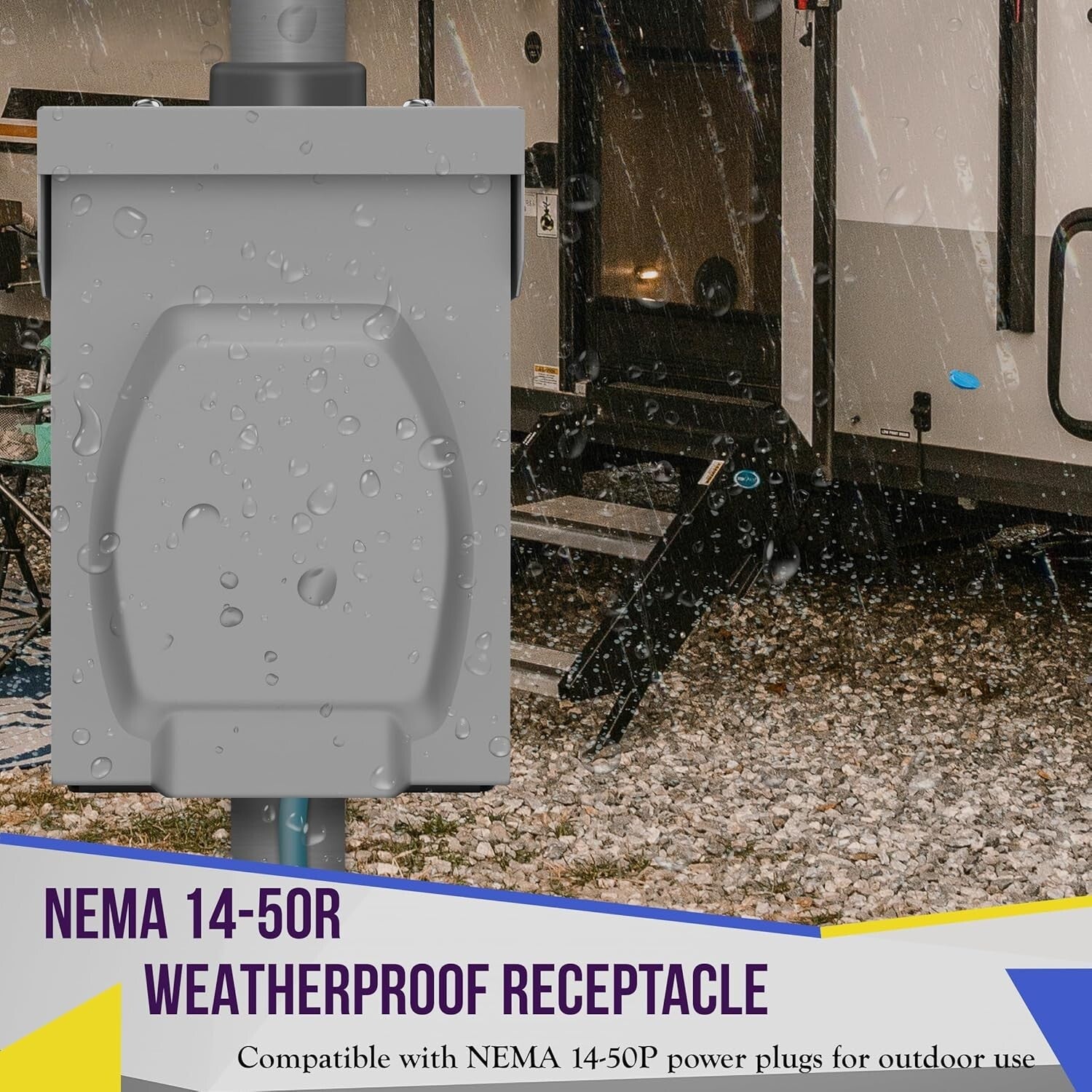 50 Amp Weatherproof NEMA 14-50R Lockable RV Power Outlet Box for Outdoor Use