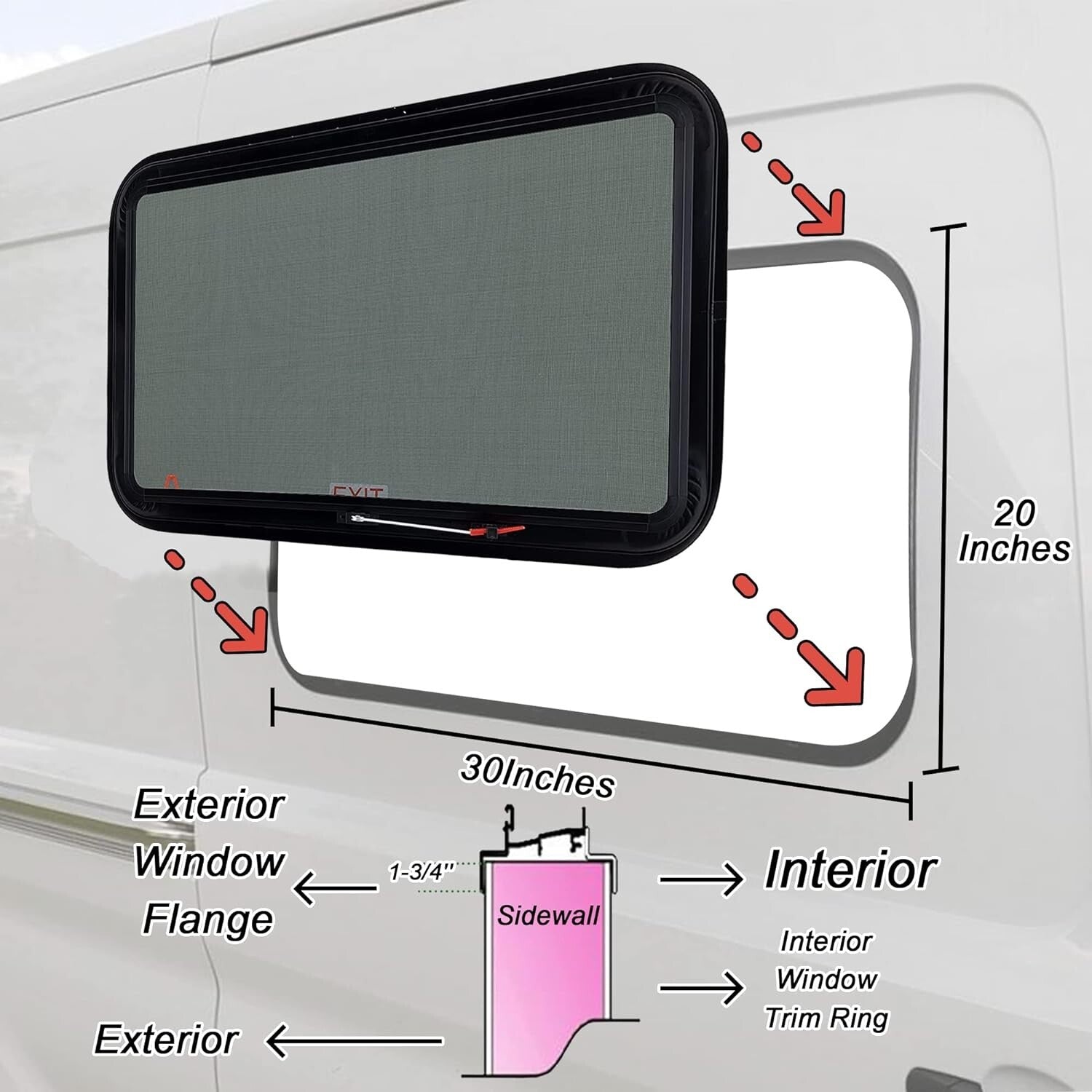 DOT Certified RV Emergency Exit Window 30"x20" with Tempered Glass & Trim Kit