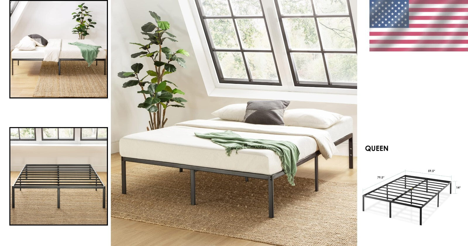 14-Inch Heavy-Duty Black Metal Platform Bed – Queen Size, No Box Spring Required