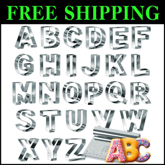 Polished Stainless Steel 3.5" Alphabet Cookie Cutters - 26 Piece Set for Bakers