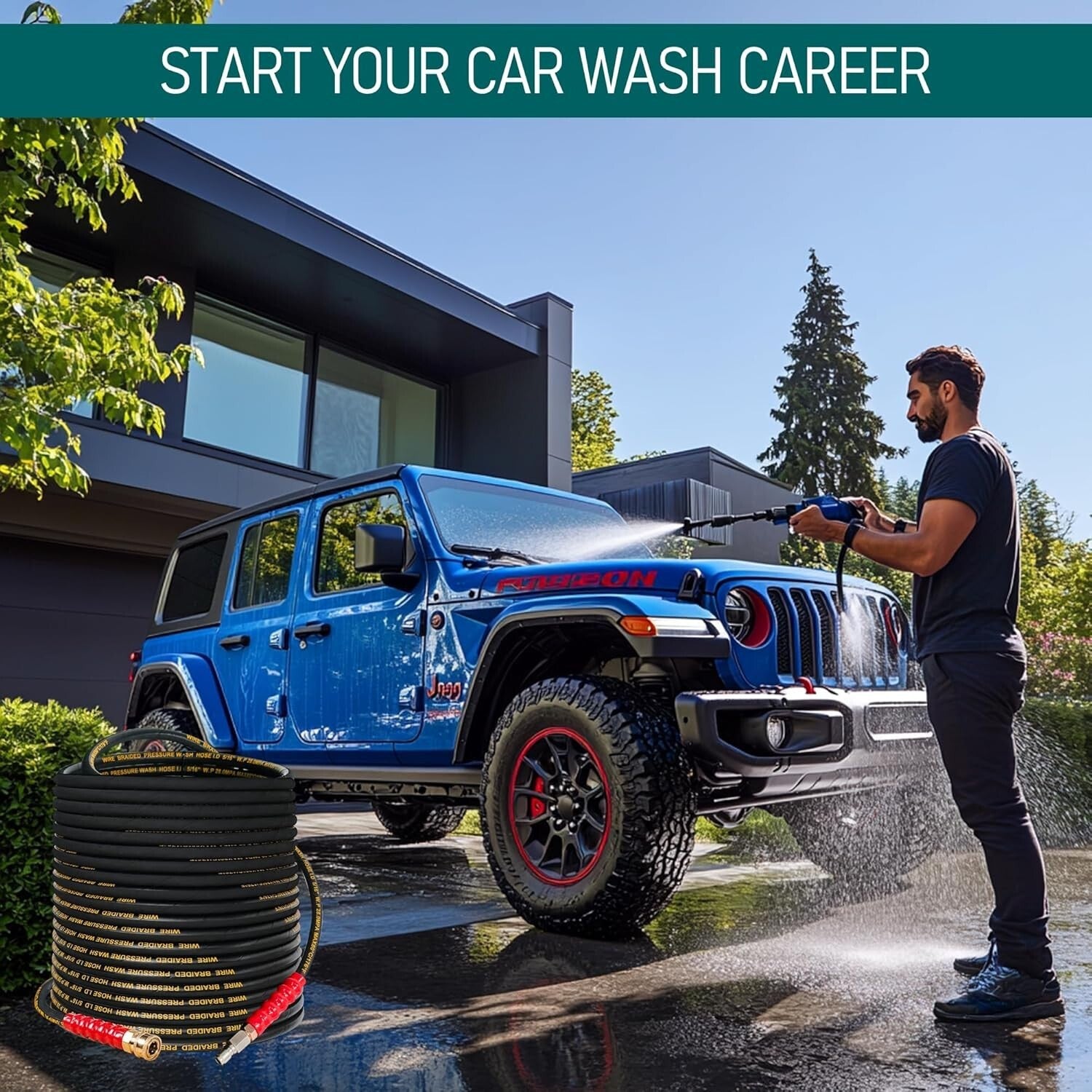 Durable 100FT Rubber Kink Resistant Hose for Efficient 4000 PSI Pressure Washing