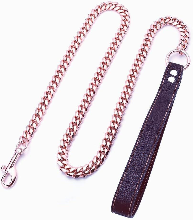 Rose Gold Chew Proof Dog Leash - Stylish 14MM Cuban Link - 3FT/4FT/5FT Options