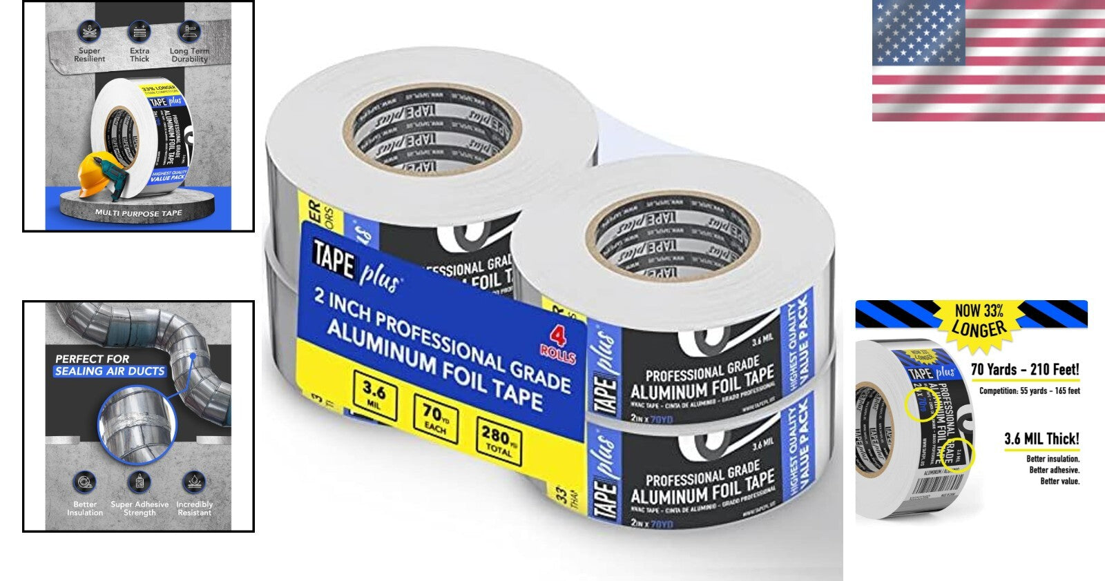 4 Rolls of Premium Aluminum Foil Tape - 2" x 210 Feet for Metal Repair & Sealing