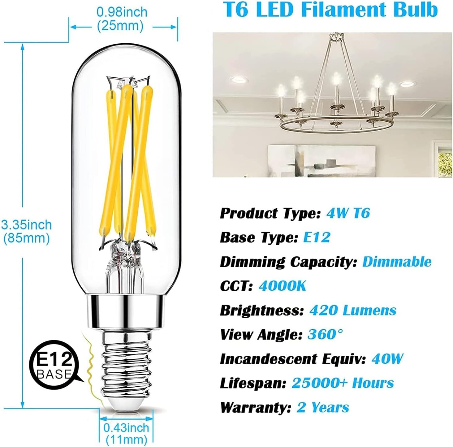 12 Pack Dimmable T6 LED E12 Bulbs - 4W (40W Equivalent) Clear 4000K Lighting