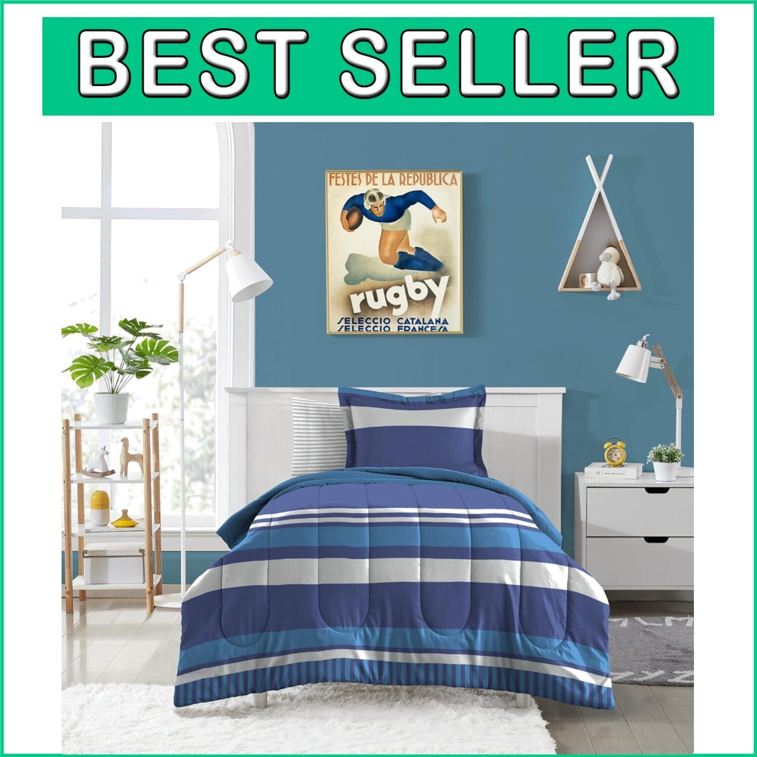Cozy 7-Piece Full Bed Set with Rugby Stripe Comforter - Perfect for Kids' Rooms