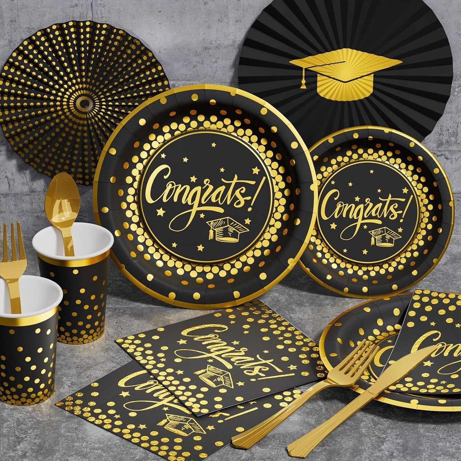 One-Stop Graduation Party Kit - 245pcs Black & Gold Supplies for Easy Hosting