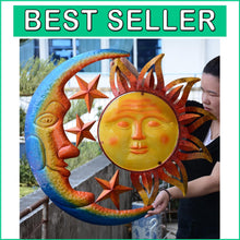 Load image into Gallery viewer, Vibrant 30" Sun Sculpture with Moon &amp; Stars - Perfect for Garden &amp; Patio