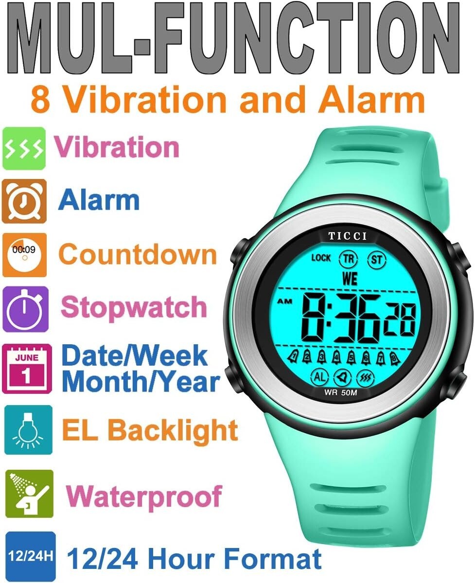 Unisex Waterproof Watch with 8 Vibrating Alarms - Ideal for Medication Reminders