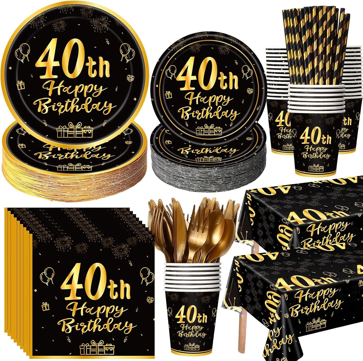 452 Pcs Black and Gold 40th Birthday Party Supplies - Classy Disposable Set