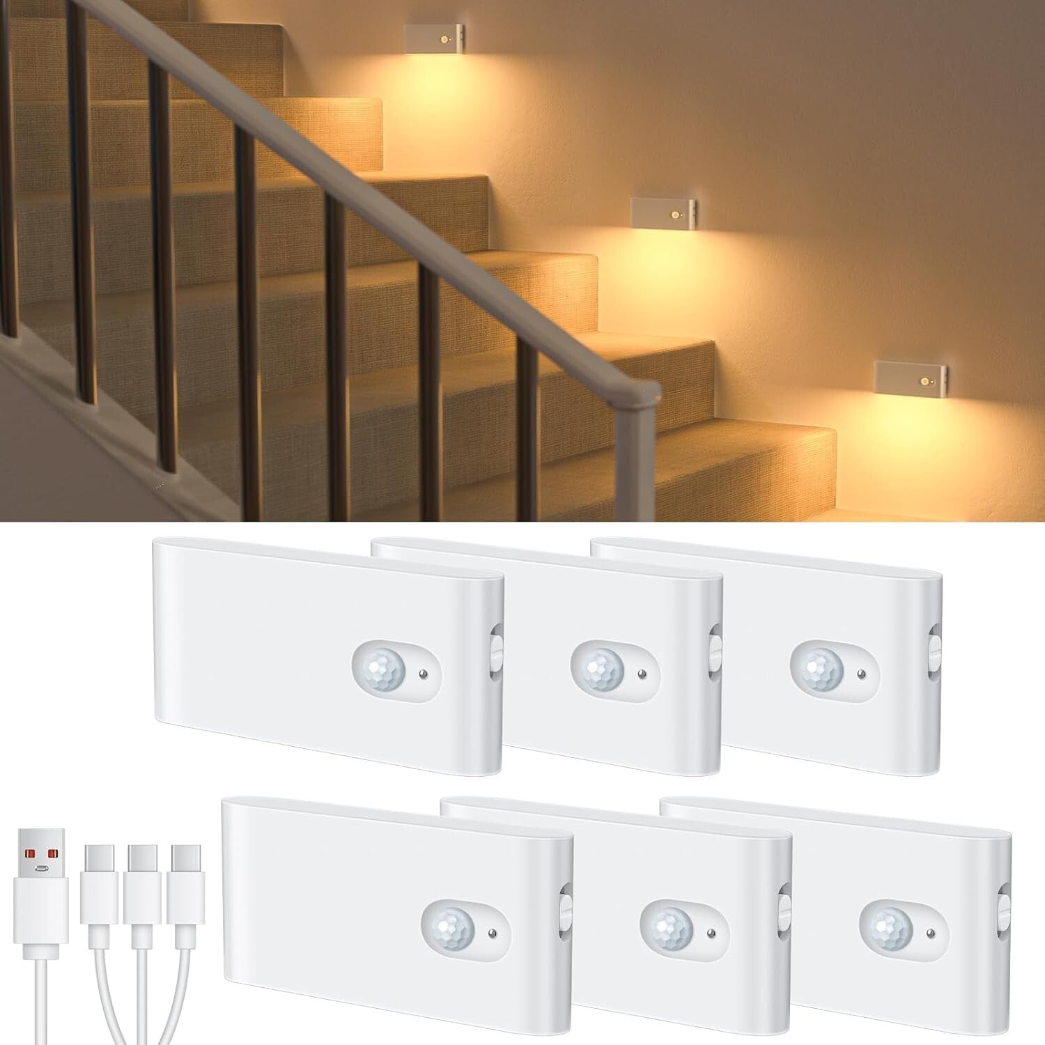 6-Pack Cordless Motion Sensor Night Light - Rechargeable LED Indoor Lighting