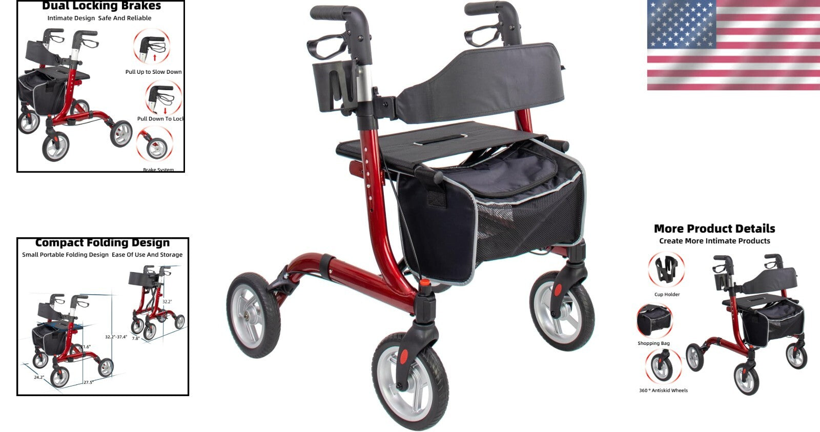 Lightweight Rollator Walker for Seniors - Folding Aluminum Frame with Cup Holder