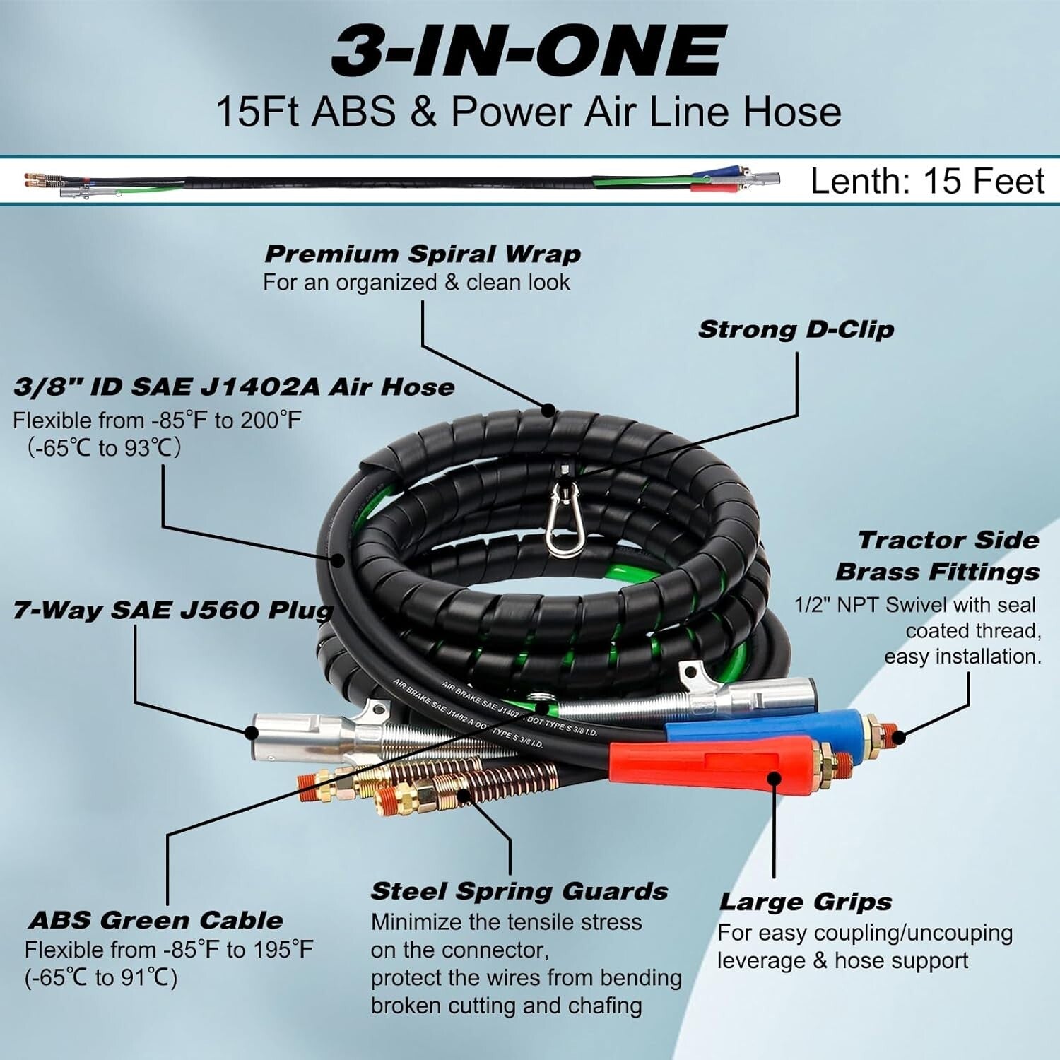 15FT Semi Truck Air Brake & Trailer Cord Kit with Corrosion-Resistant Materials