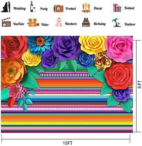 Fiesta Themed Party Backdrop - 10'x8' Mexican Striped Decor with Paper Flowers