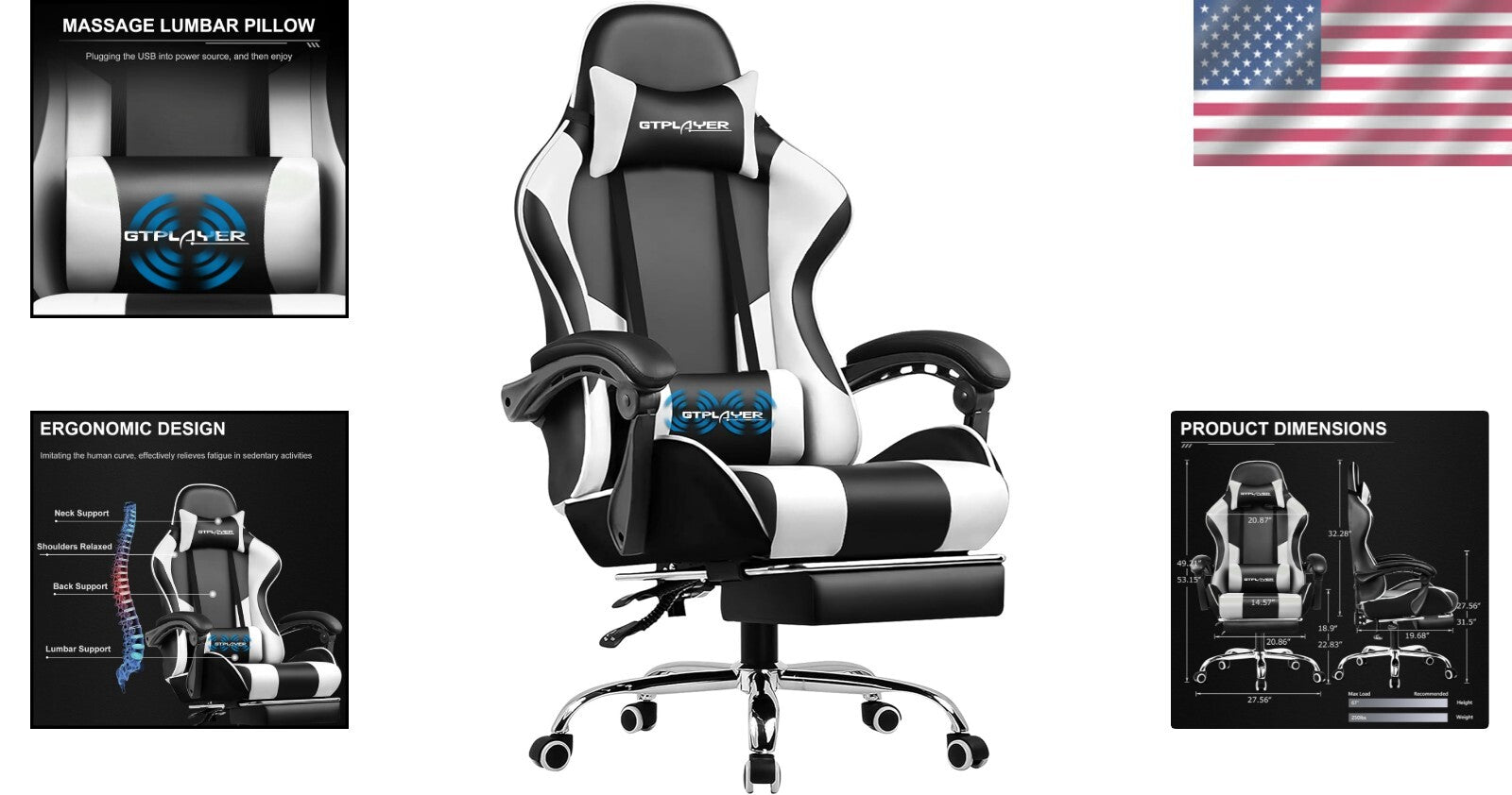 Luxurious Faux Leather Gaming Chair with Footrest & Lumbar Support - 360° Swivel