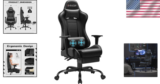 Adjustable Height Gaming Chair with Footrest & 360-Degree Swivel - Modern Black