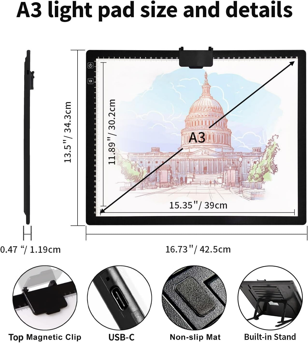 A3 Rechargeable LED Light Pad with Stepless Brightness for Artists & Crafters
