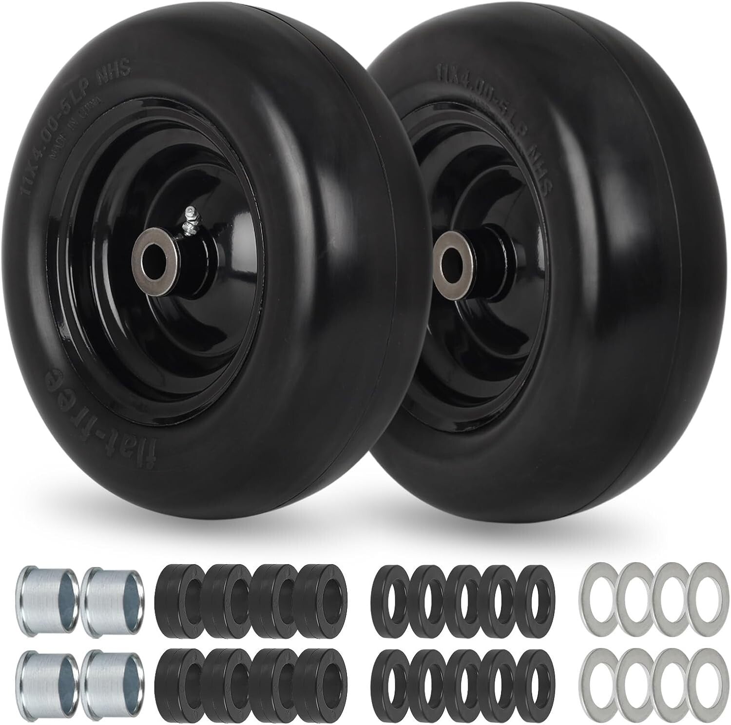 All-Season Flat Free Lawn Mower Tire Wheel with Adjustable Bushings, 2 Pack