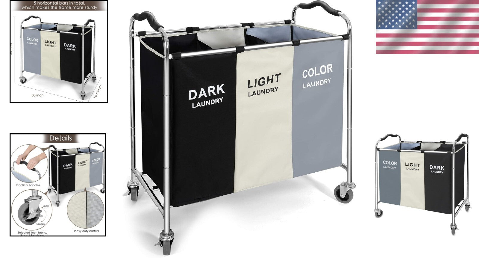 Durable 3-Compartment Laundry Cart with Wheels - Waterproof & Lightweight Design