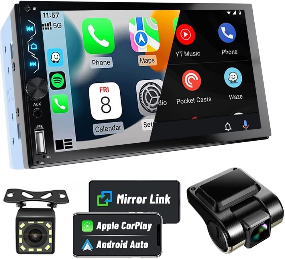 All-in-One 7-Inch Double Din Car Stereo with Dash Cam & Apple Carplay