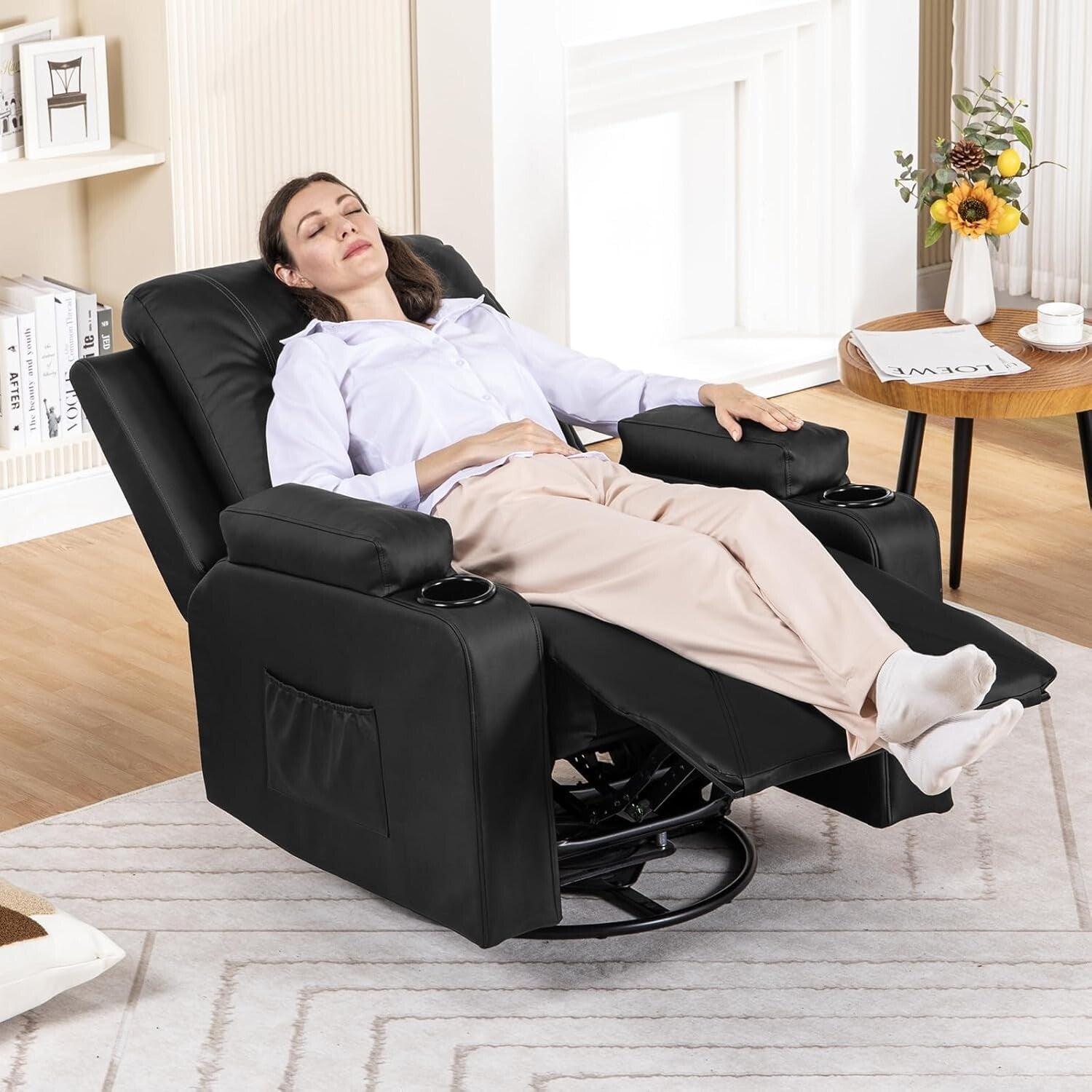 Contemporary Black Recliner Chair with Massage, Cup Holders, and Storage Pockets