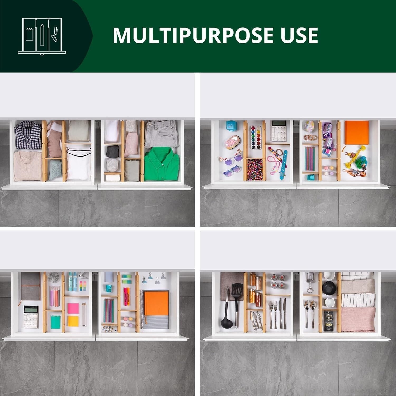 Expandable Drawer Organization Set in Bamboo - Adjustable Dividers for Max Space