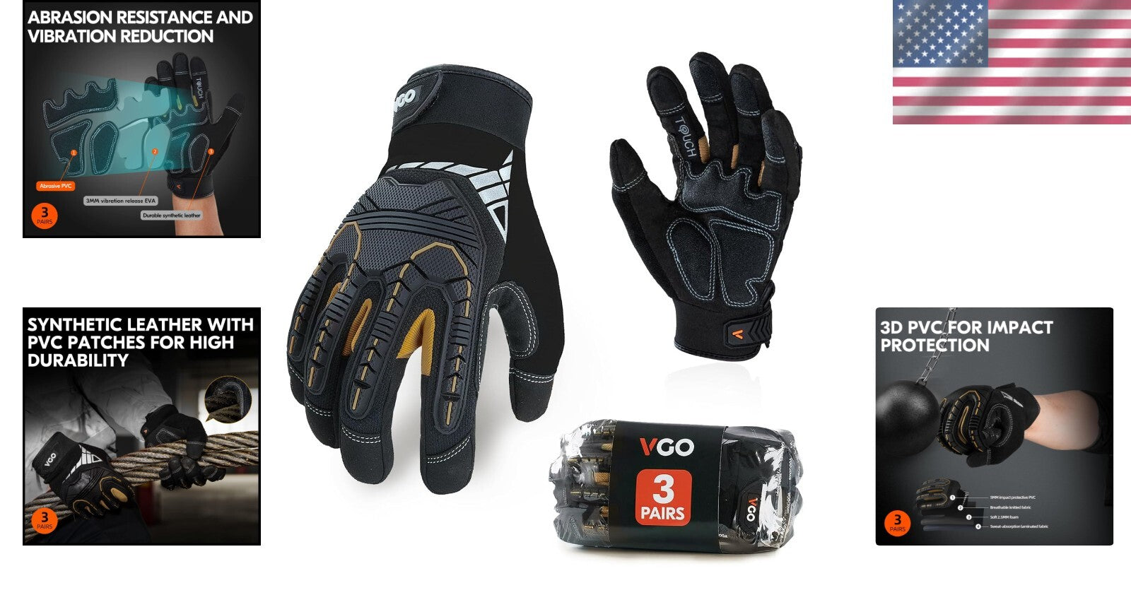 3-Pairs Heavy Duty Synthetic Leather Work Gloves - Impact Protection, Size S