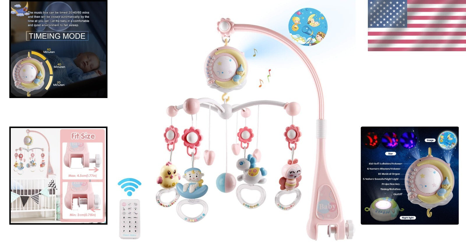 Delightful Crib Mobile with Light Up Projector & Rotating Rattles for Newborns