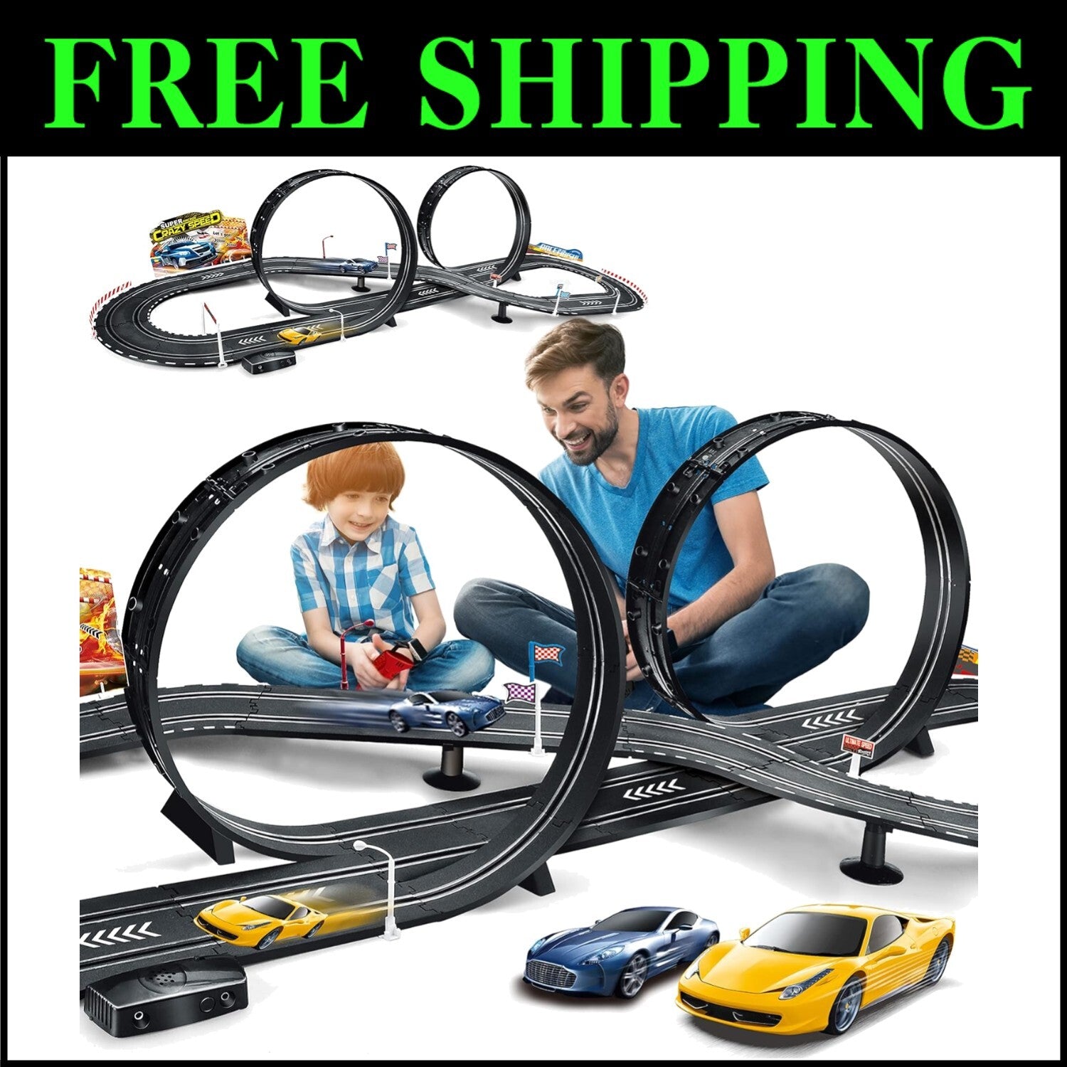 Kids Electric Slot Car Racing Set - Includes 2 Cars, Loop, and Fly-Over Track