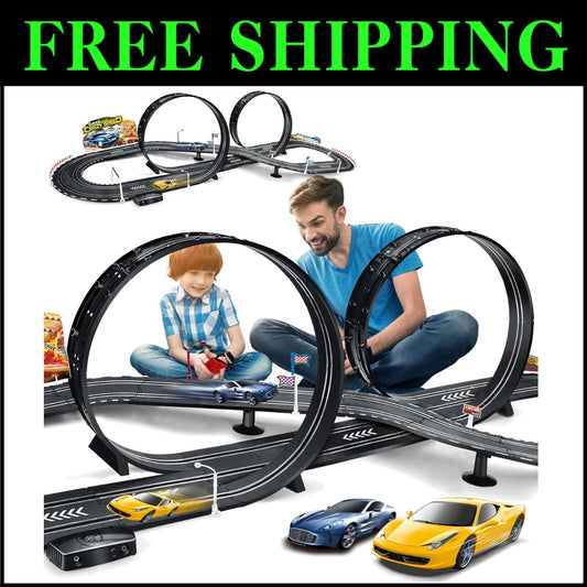 Kids Electric Slot Car Racing Set - Includes 2 Cars, Loop, and Fly-Over Track