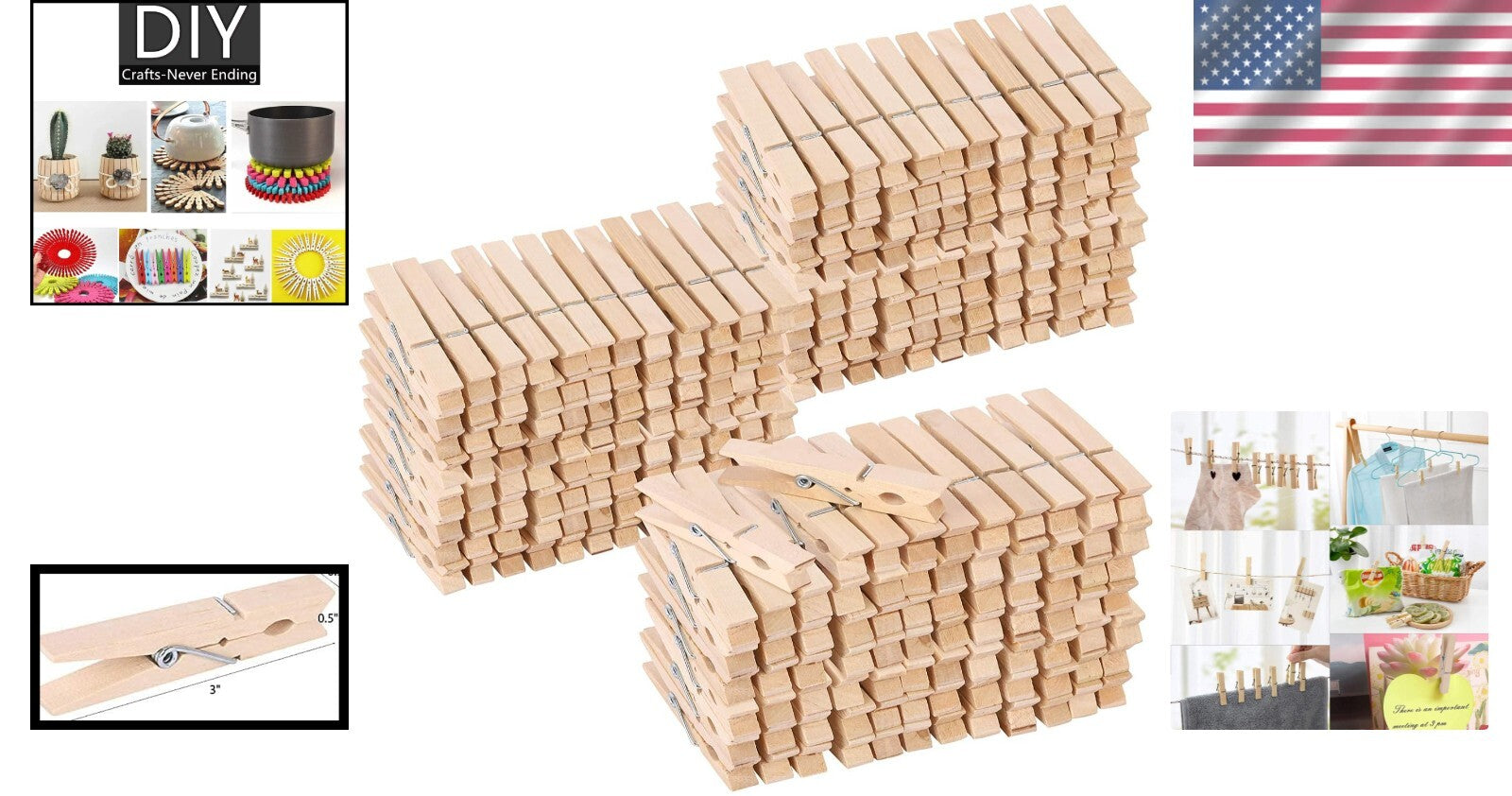 500pcs Heavy Duty Wooden Clothespins for Laundry & Craft Projects - 3 Inches