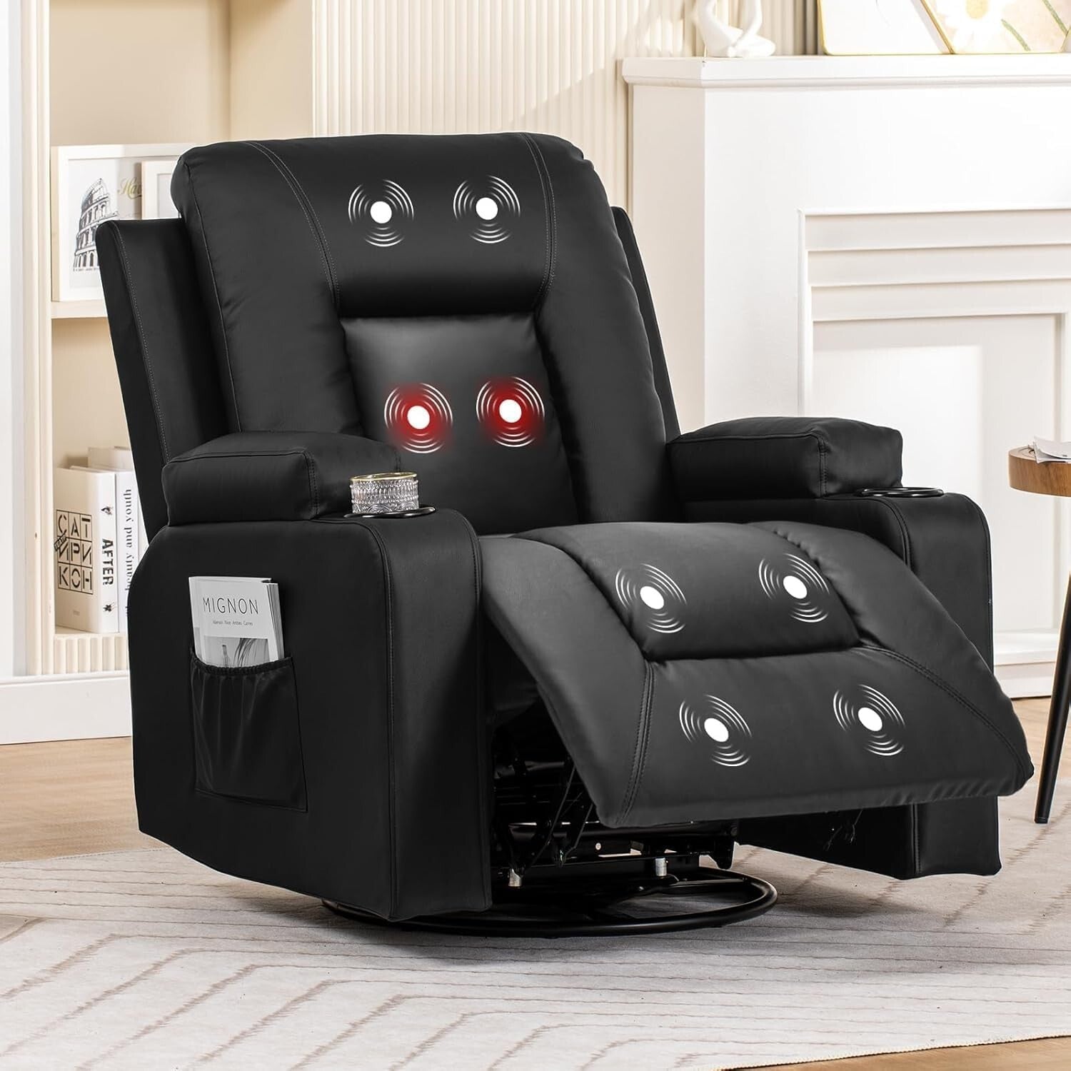 Contemporary Black Recliner Chair with Massage, Cup Holders, and Storage Pockets
