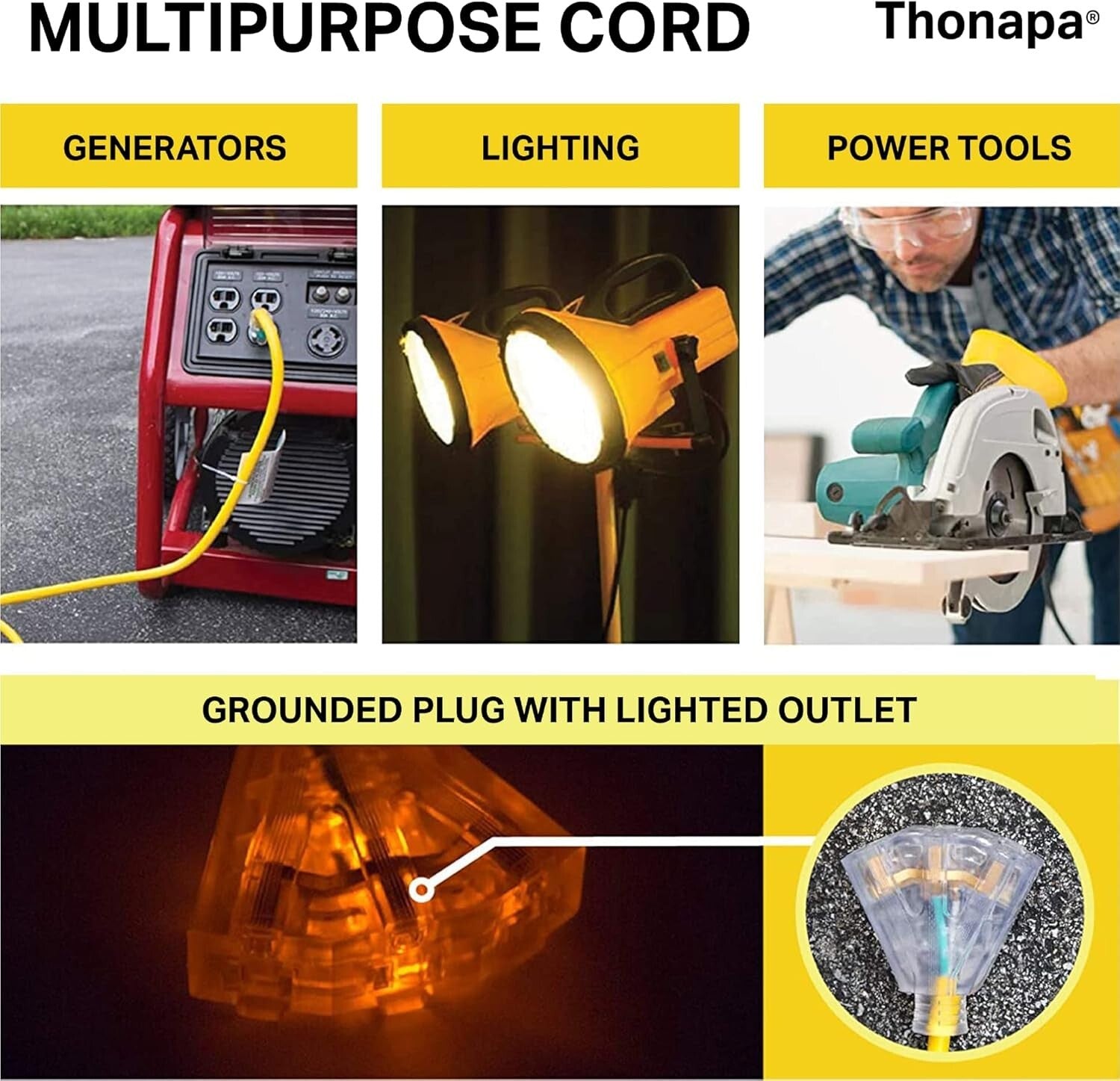 10/3 SJTW Outdoor Extension Cord 75 Ft with Lighted End - 3 Outlet Power Block