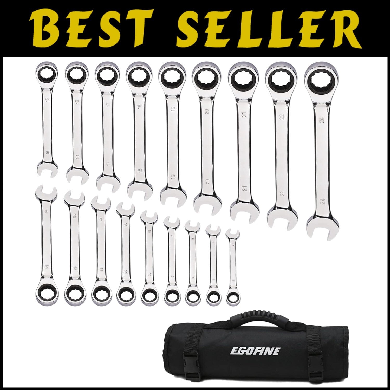 Durable 18pc Metric Ratcheting Wrench Set with Chrome Vanadium and Roll Up Bag