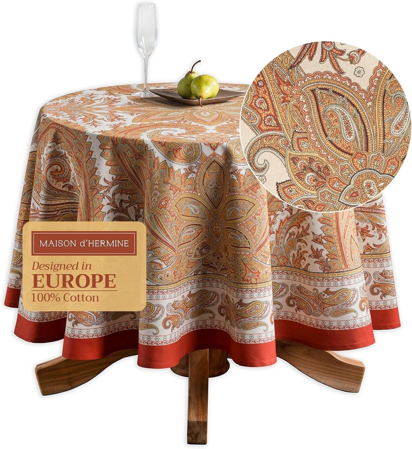 Round Cotton Tablecloth 63 Inches - Elegant Kashmir Paisley for All Occasions