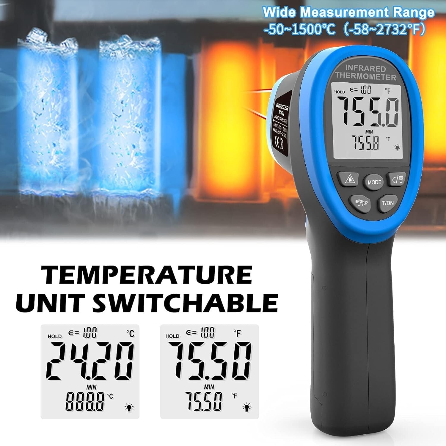 Advanced Non-Contact IR Thermometer Gun -58℉ to 2732℉ with Alarm & Auto Shut-Off
