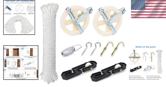 150ft Nylon Clothesline Pulley Kit - Rust-Resistant for Ultimate Outdoor Drying