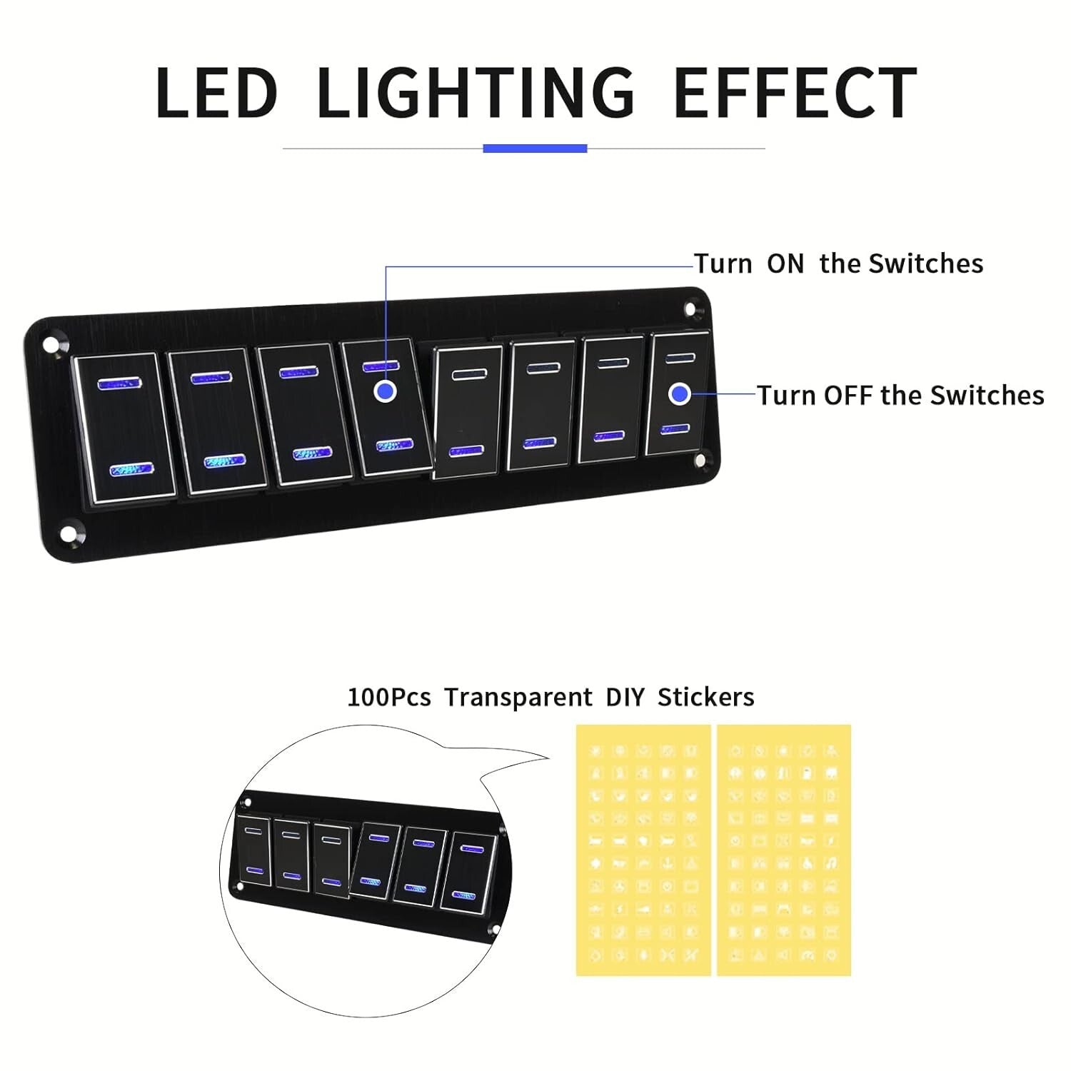 Waterproof 8 Gang Rocker Switch Panel with LED for Marine & Automotive Use