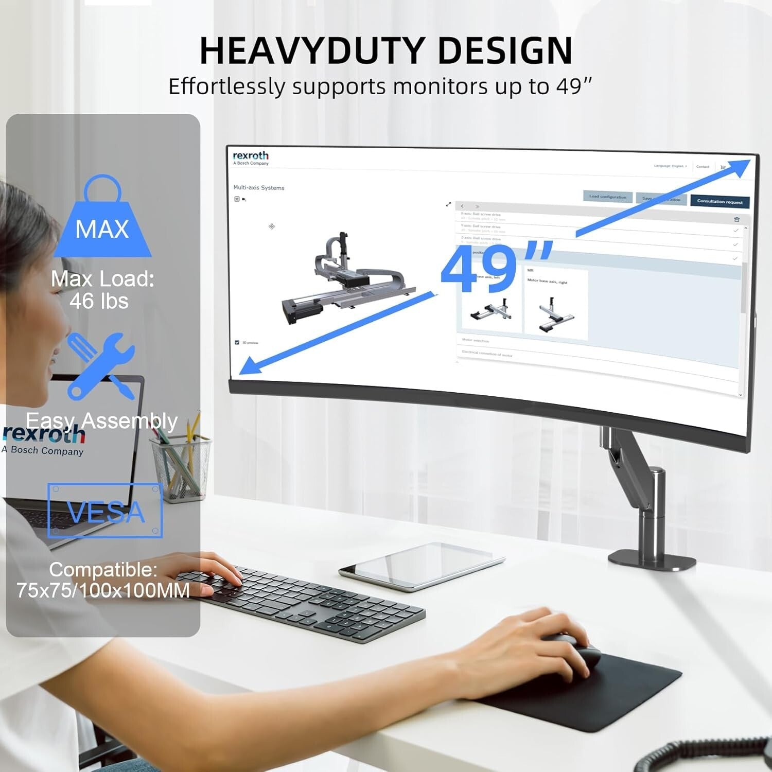 Ergonomic Ultrawide Monitor Arm with Full Motion - Fits 17 to 49 Inch Screens