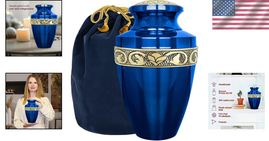 Beautiful Decorative Burial Urn for Adult Ashes - Blue and Gold Aluminum Finish