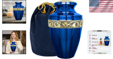 Load image into Gallery viewer, Beautiful Decorative Burial Urn for Adult Ashes - Blue and Gold Aluminum Finish