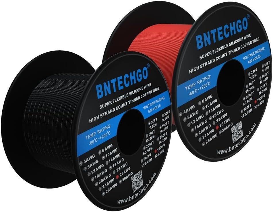 26 AWG Silicone Wire Spool - 2000ft Red & Black, Ultra-Flexible Tinned Copper