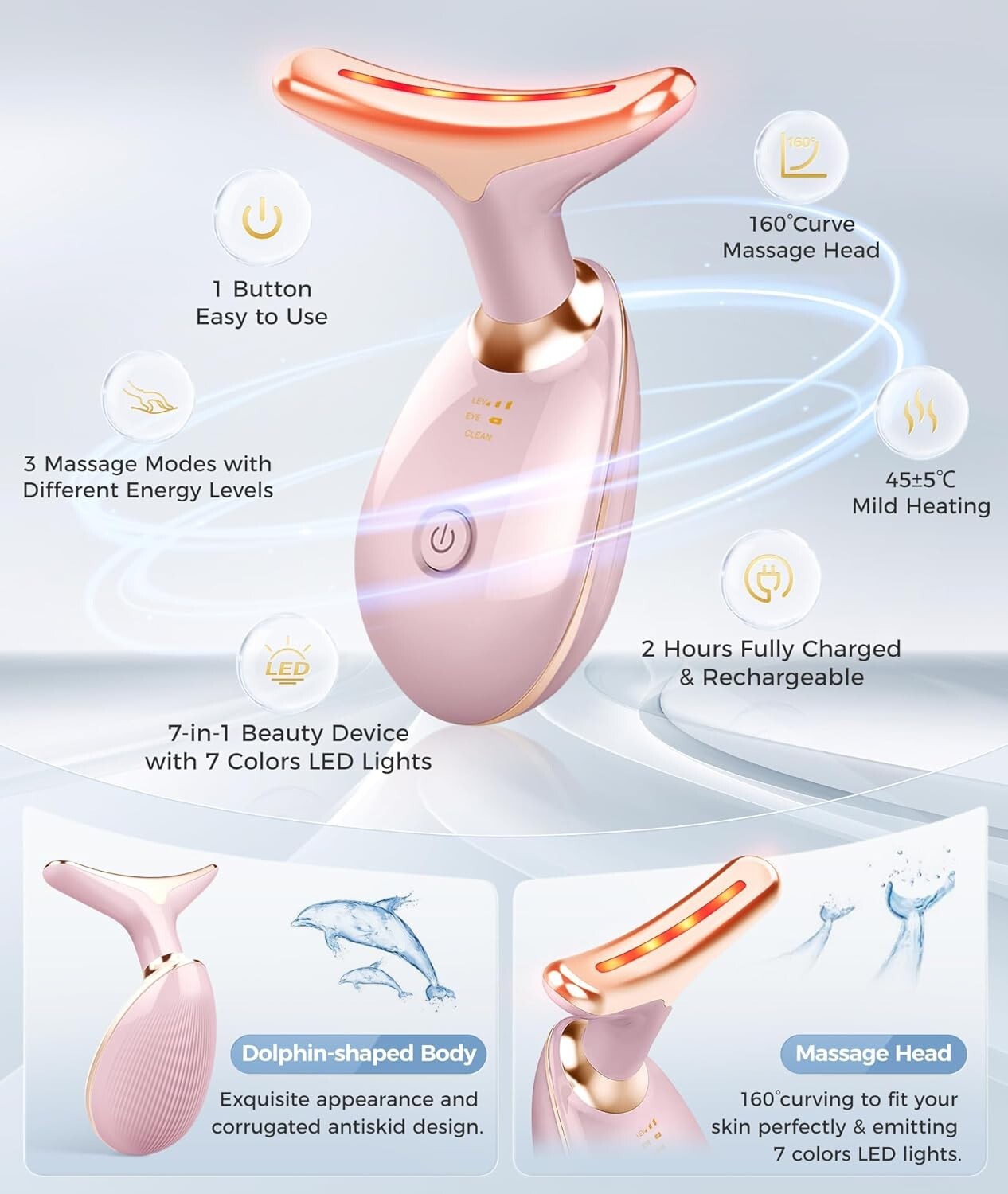 Multi-Functional Skin Care Device: Glossy Pink Face & Neck Massager with Heat