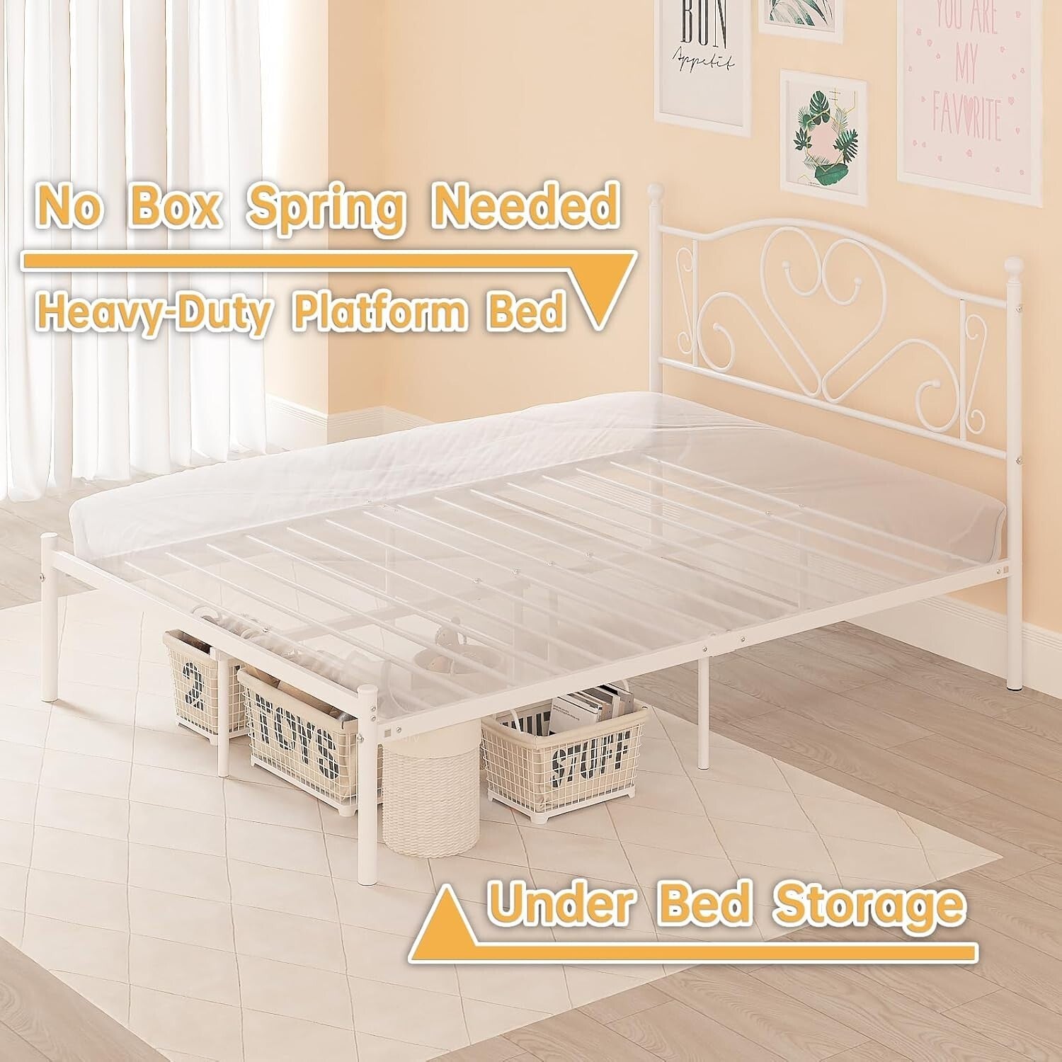 Full Size Bed Frame with Heart-Shaped Headboard & Under-Bed Storage - White