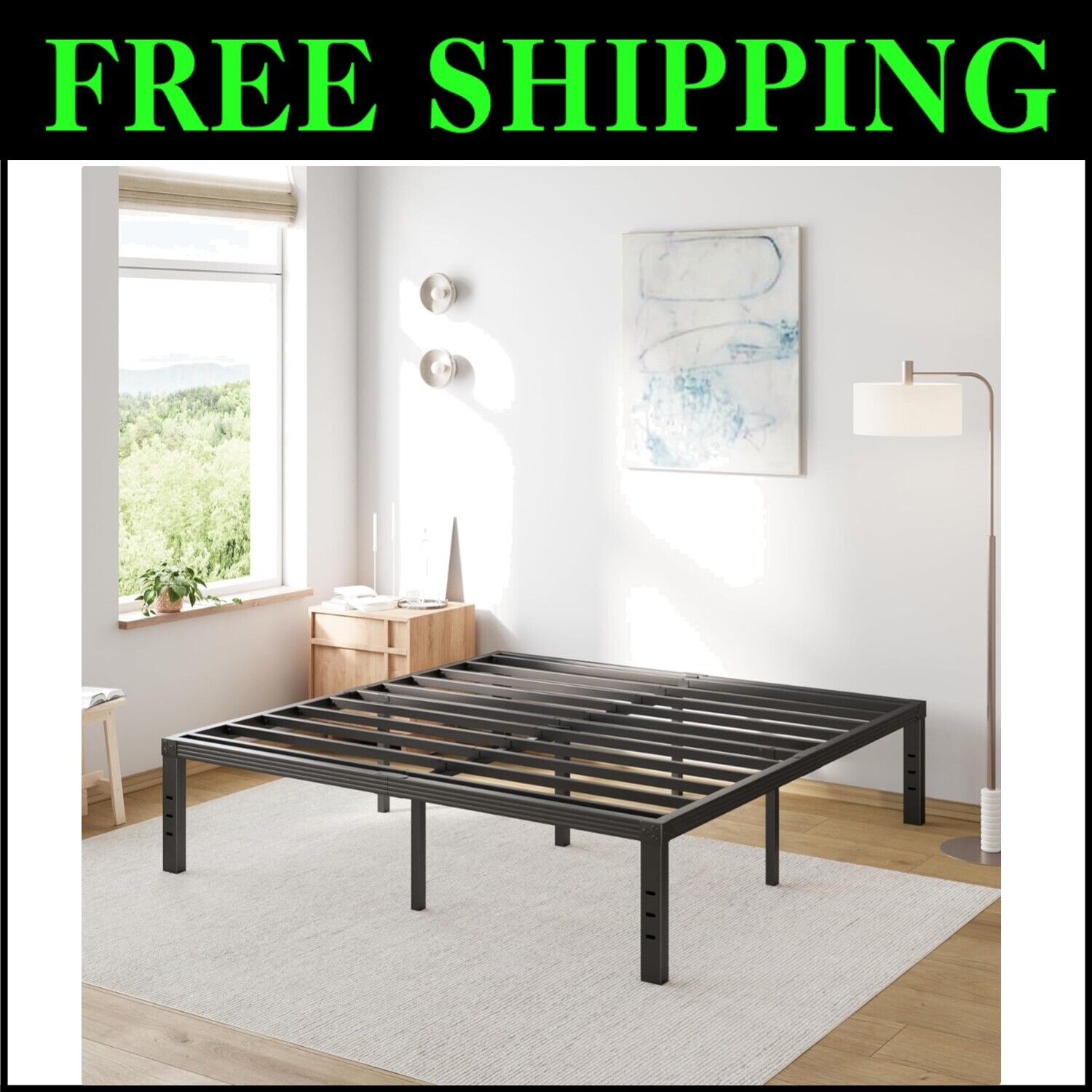 Durable King Metal Bed Frame: 16" Tall with Under-Bed Storage & No Box Spring
